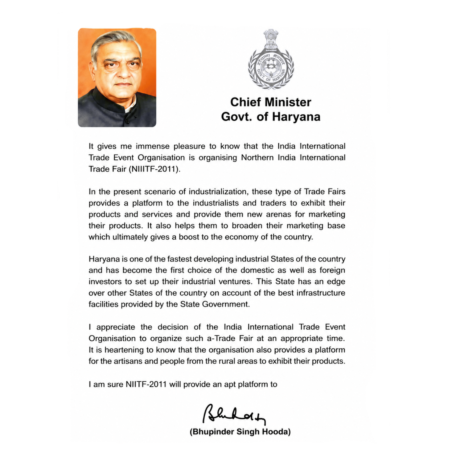 Official recognition letter from Bhupinder Singh Hooda, Chief Minister of Haryana, for Northern India International Trade Fair 2011