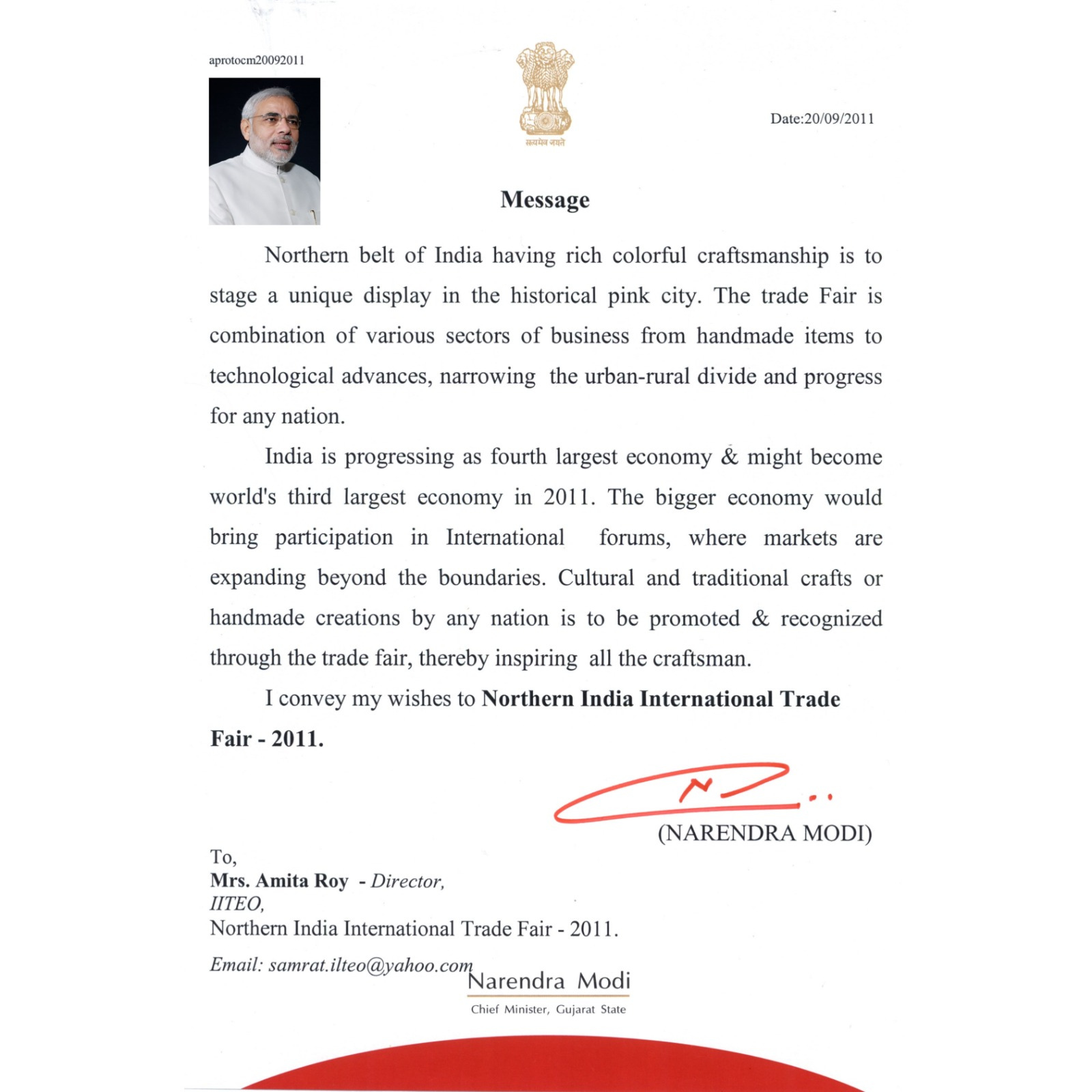 Official recognition letter from Narendra Modi, then Chief Minister of Gujarat, for Northern India International Trade Fair 2011
