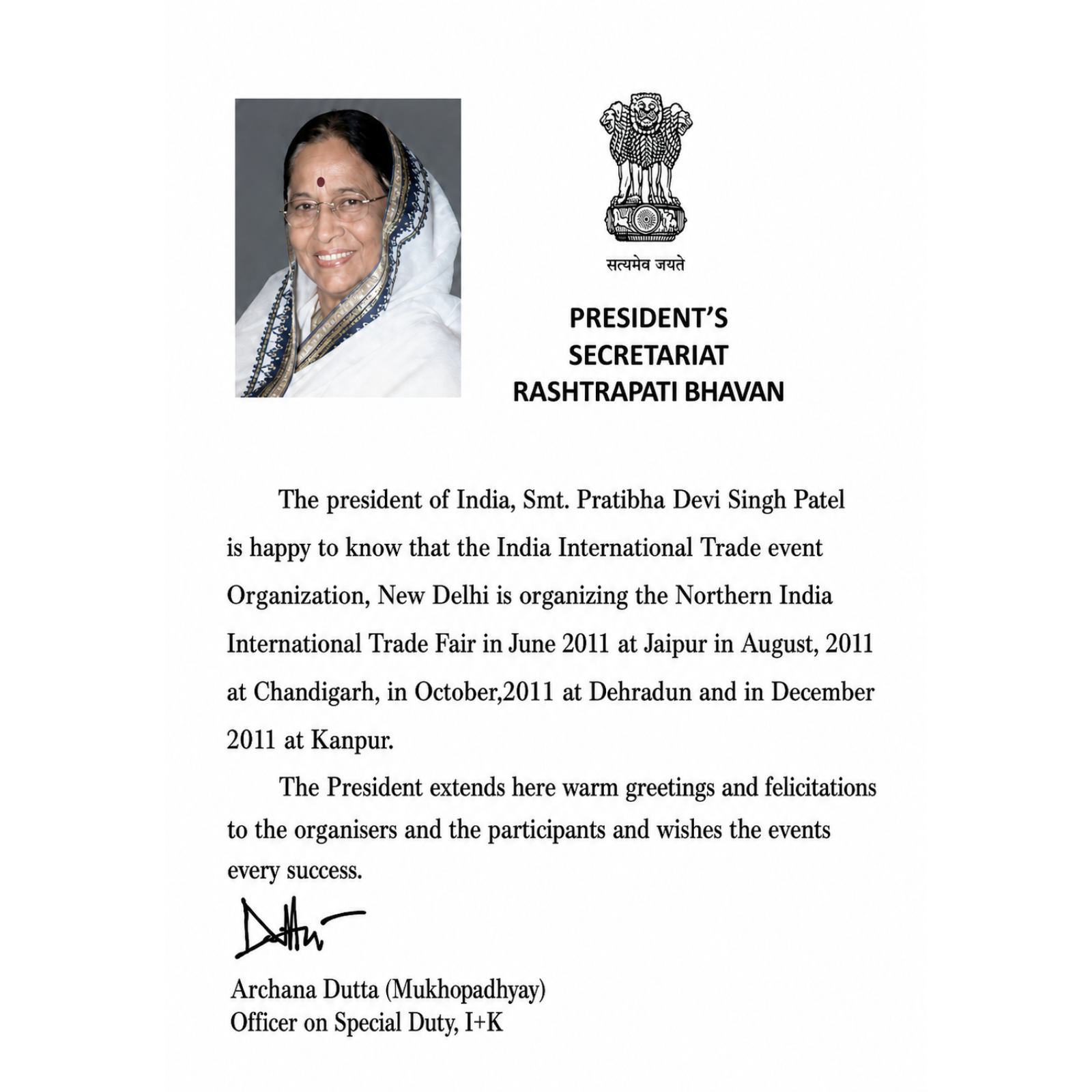Official recognition letter from President Pratibha Devi Singh Patel, Rashtrapati Bhavan, for Northern India International Trade Fair 2011